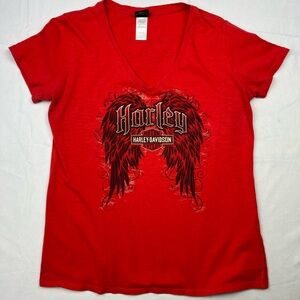 Harley-Davidson Womens L T-Shirt Red Winged Graphic USA Made - Smithfield NC